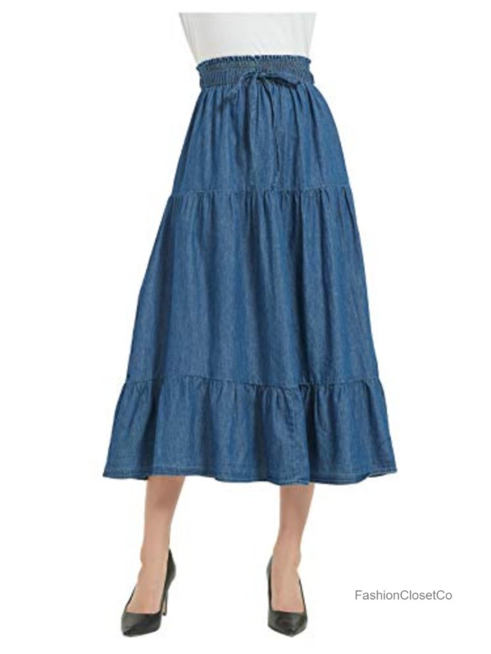 A Line Tiered Midi Skirt 100% Cotton Pleated Drawstring Waist
